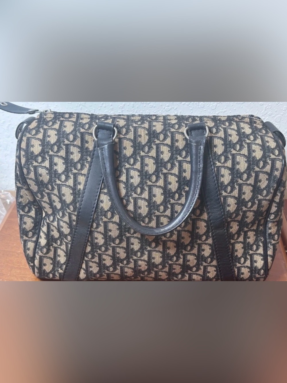 Auth Christian Dior Trotter Canvas Leather Navy Brown Mini Boston Bag